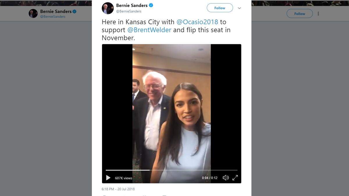 In what appeared to be a mix up, Democratic congressional candidate Alexandria Ocasio-Cortez told Twitter users on Sen. Bernie Sanders’ account they were going to “flip this seat red in November” in a video posted from Kansas City, Kansas, on Friday, July 20, 2018. The video was posted before a rally for Brent Welder, a Democrat running to replace U.S. Rep. Kevin Yoder in Kansas’ 3rd District.