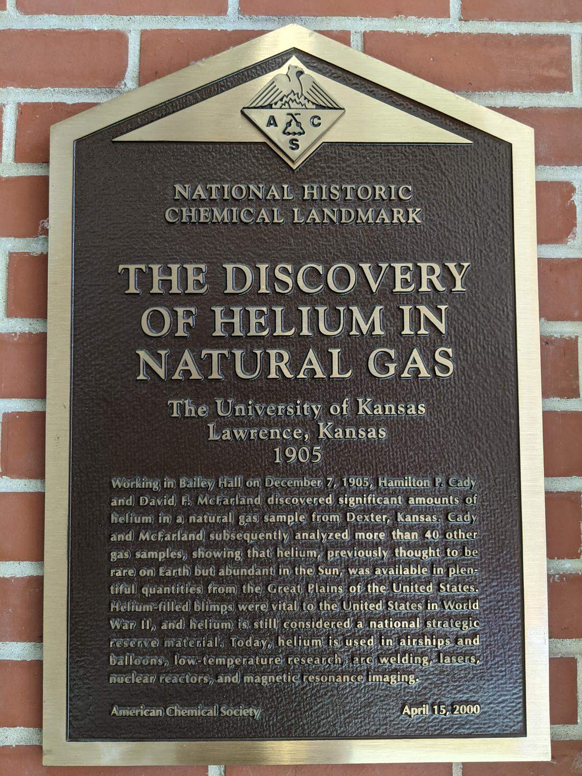 A plaque at the University of Kansas recognizes the school’s contribution to the landmark discovery of helium in natural gas in Kansas.