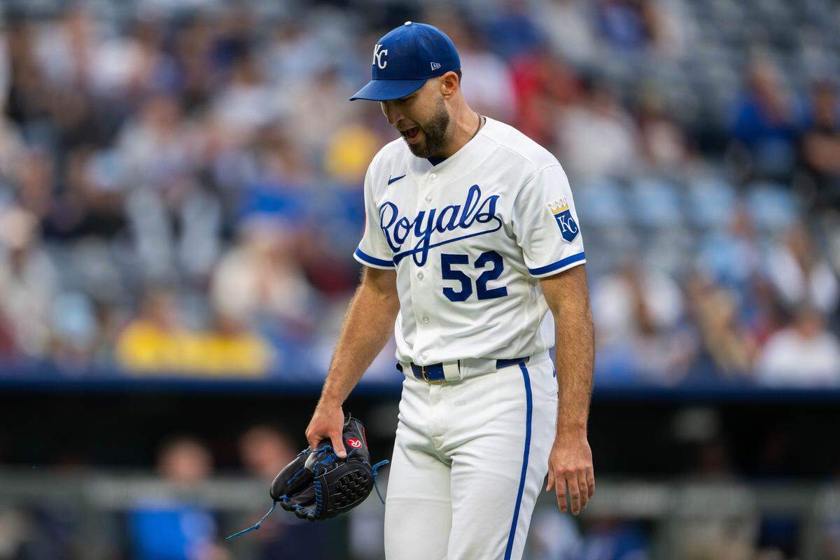 Kansas City Royals pitcher Michael Wacha walks off the field after striking out a Boston Red Sox batter on Wednesday, May 20, 2026, at Kauffman Stadium.