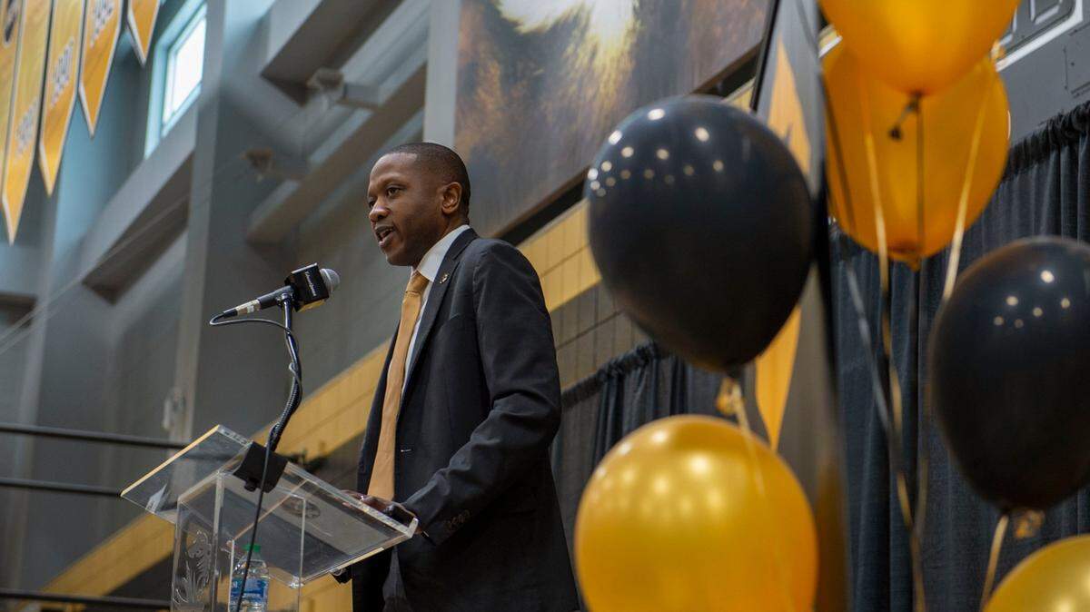 Newly hired Missouri Tigers men’s basketball coach Dennis Gates speaks during a news conference at Mizzou Arena in Columbia.