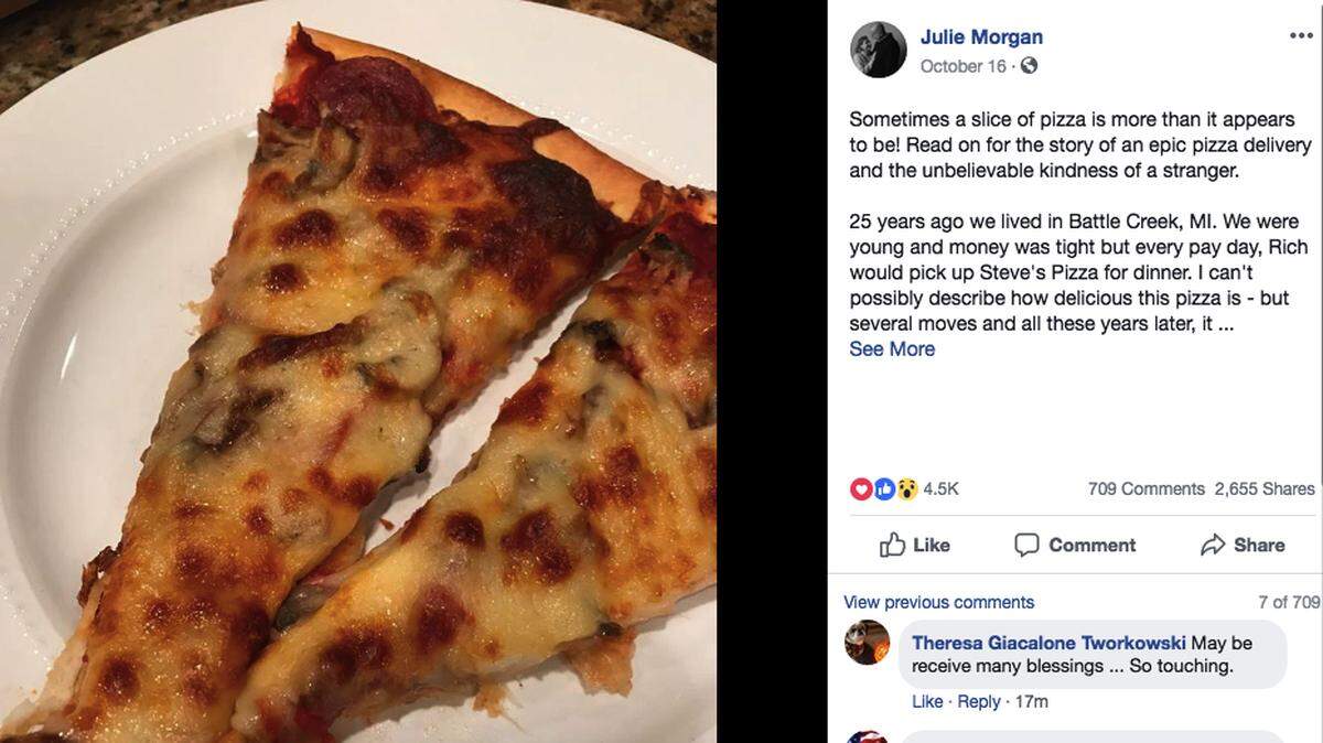 Dalton Shaffer, who works at Steve’s Pizza in Battle Creek, Michigan, made an extra-special delivery of two pizzas. He drove through the middle of the night to Indiana to deliver two pies to a hospice patient.