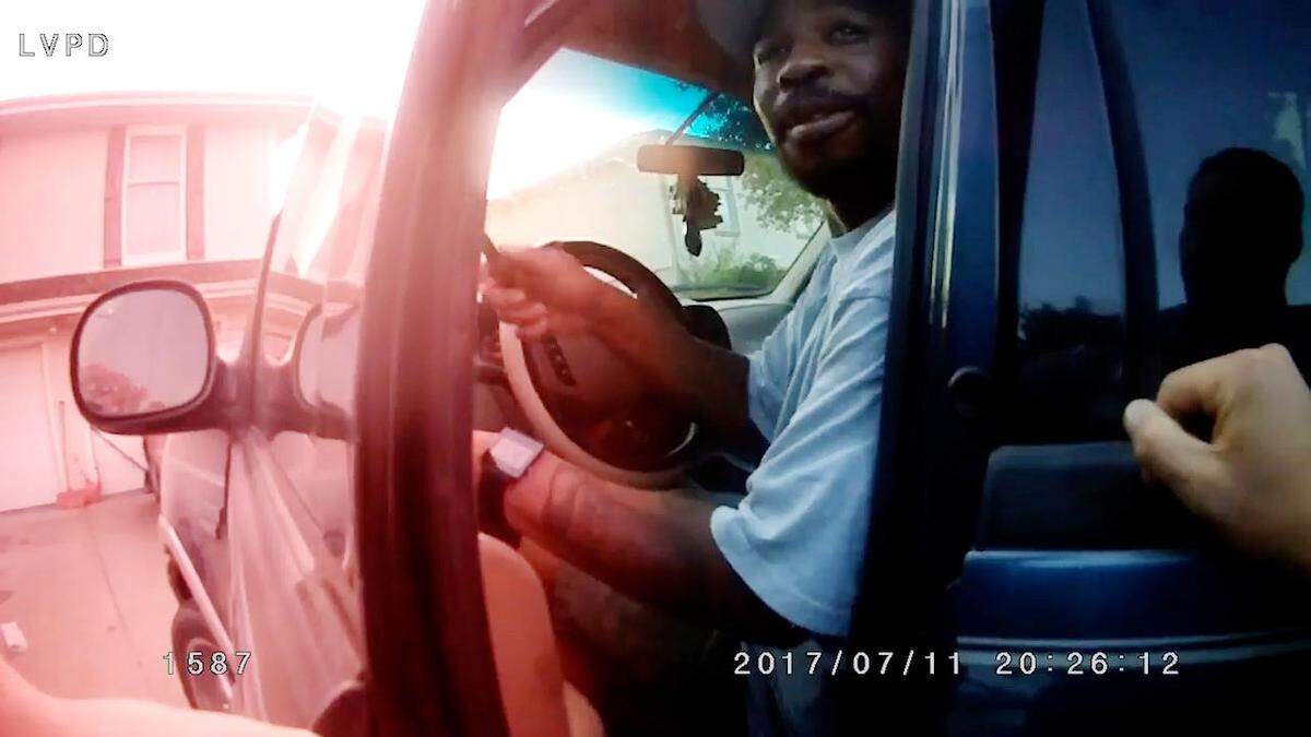 An image from a body camera video shows Antonio Garcia in a truck on July 11, 2017, moments before he was shot and killed by Michael Harrington, a former officer of the Leavenworth Police Department. Harrington was terminated from the department in January 2018 for violating the department’s use of deadly force policy. A mistrial was declared Wednesday, April 22, 2022, in the trial of Harrington, who was charged with involuntary manslaughter.