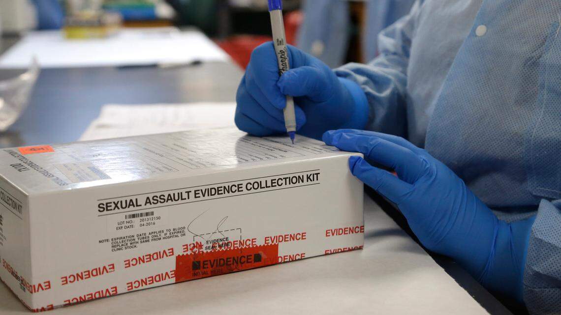 A sexual assault evidence collection kit is checked in by a forensic analyst for testing in the biology lab at the Houston Forensic Science Center Thursday, April 2, 2015, in Houston.