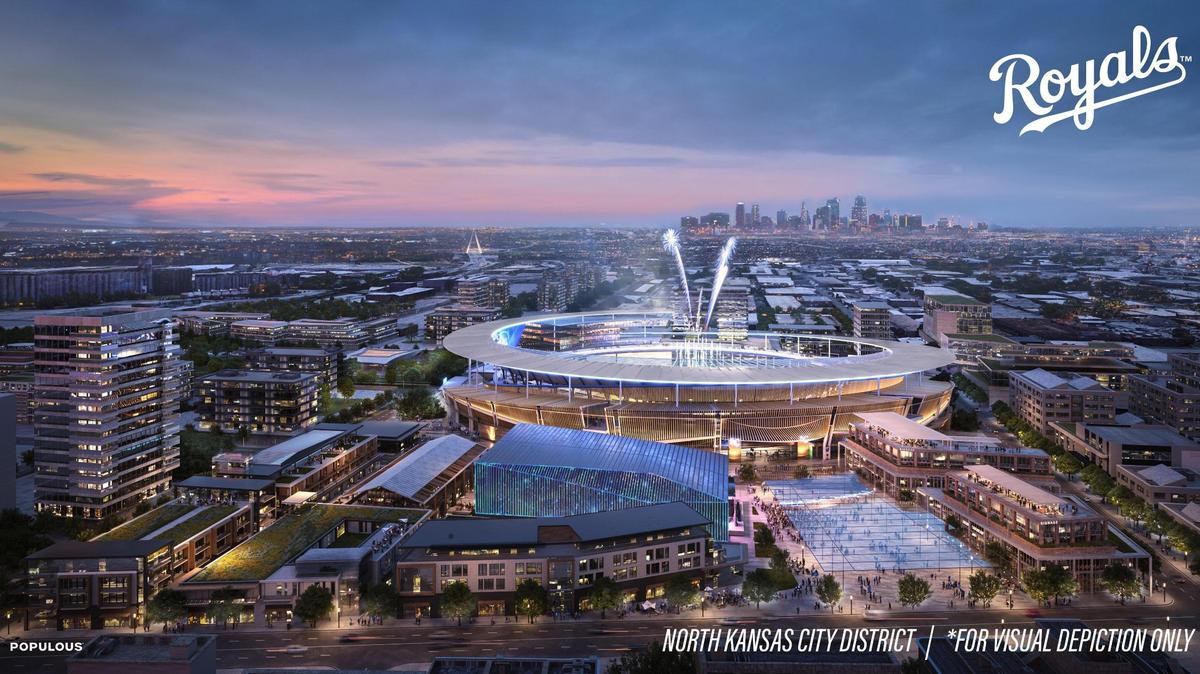 A rendering from stadium design firm Populous shows a concept of what a new Kansas City Royals stadium located in North Kansas City might look like.