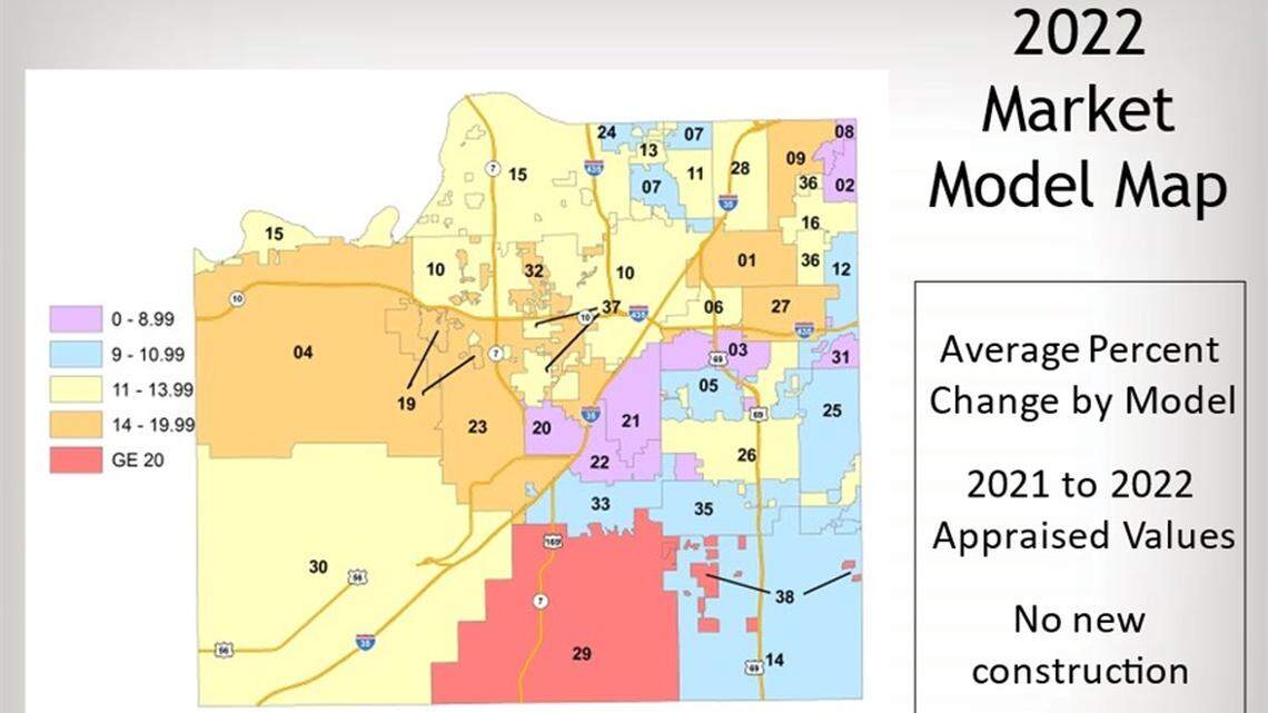This map shows the percentage increase in property values in various parts of Johnson County.