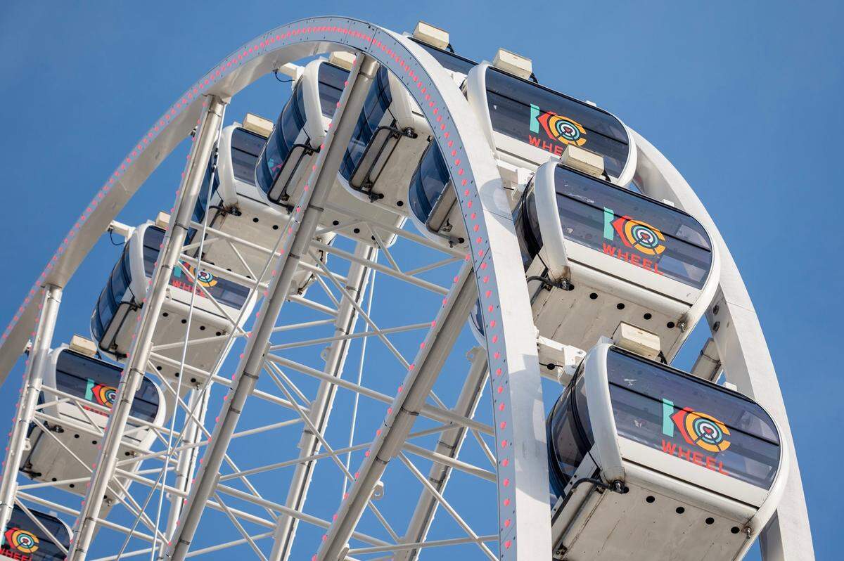 Gondalas await riders on the KC Wheel in downtown Kansas City.
