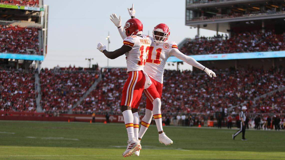 Receiver Byron Pringle. left, celebrates with Chiefs teammate Demarcus Robinson after hauling in a first-half touchdown reception against the San Francisco 49ers Saturday evening at Santa Clara, Calif.