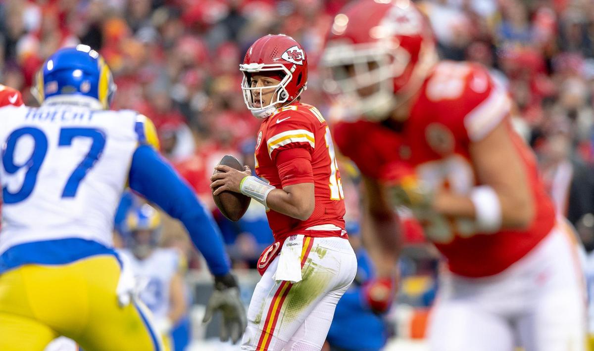 Kansas City Chiefs quarterback Patrick Mahomes looks for an open receiver during a Nov. 27 game against the Los Angeles Rams at Arrowhead Stadium.