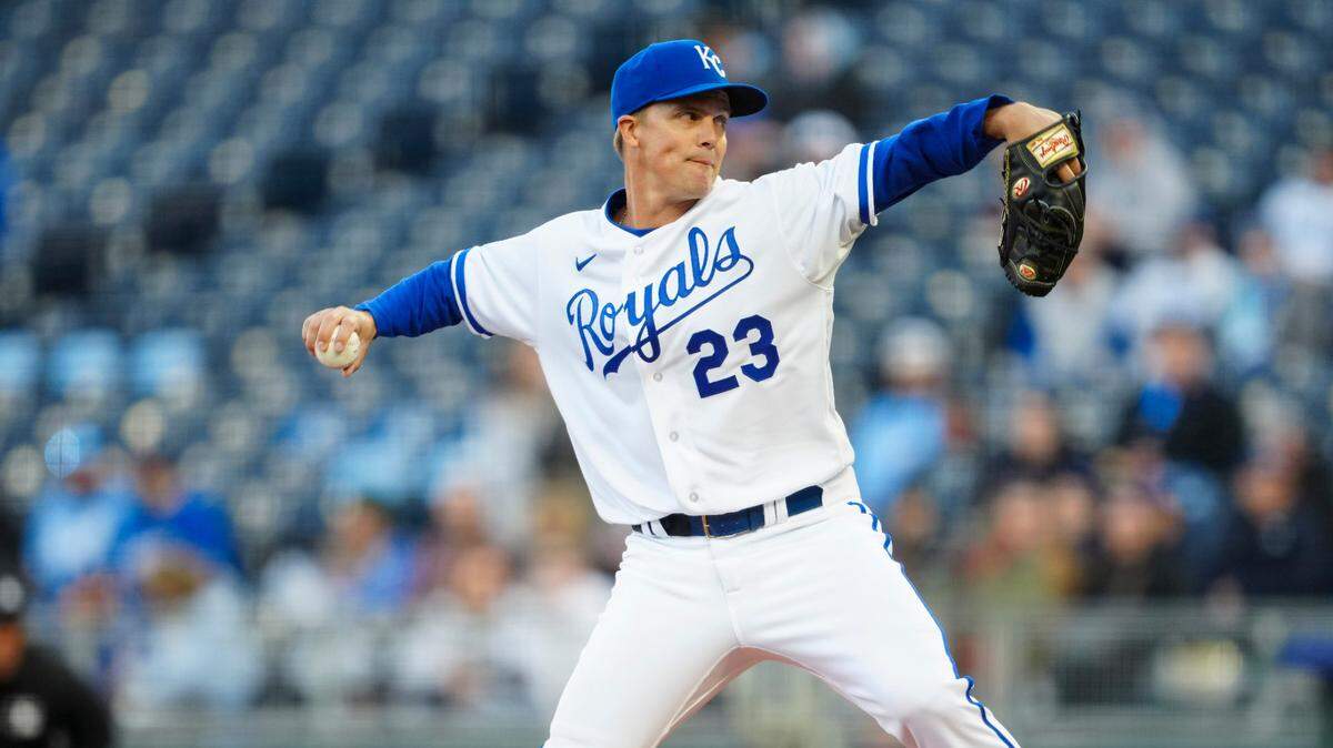 Apr 5, 2023; Kansas City, Missouri, USA; Kansas City Royals starting pitcher Zack Greinke (23) pitches during the first inning against the Toronto Blue Jays at Kauffman Stadium. Mandatory Credit: Jay Biggerstaff-USA TODAY Sports