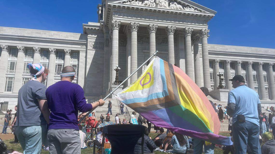 Protesters gathered in Jefferson City on March 29 to support transgender rights and to oppose several anti-LGBTQ bills making their way through the statehouse.