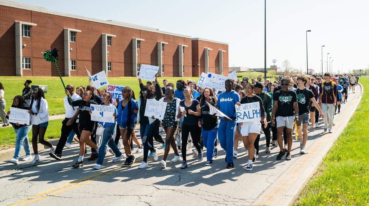 Student Landyn Goldberg photographed the crowd Tuesday at Staley High School’s Unity Walk, held in honor of classmate Ralph Yarl, 16, who was shot in the head while attempting to pick up his siblings.