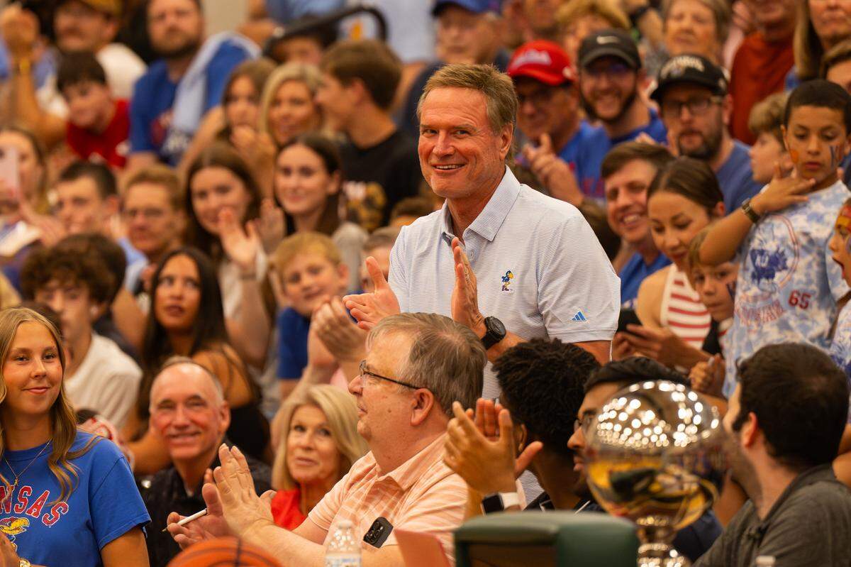 Kansas Jayhawks men’s basketball coach Bill Self receives hearty applause during the Rock Chalk Roundball Classic at Free State High in Lawrence, Kansas on Thursday, June 4, 2026.