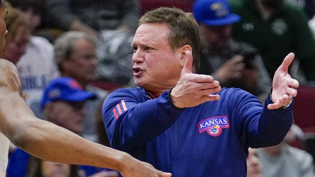 Kansas Jayhawks men’s basketball coach Bill Self gestures to a player.