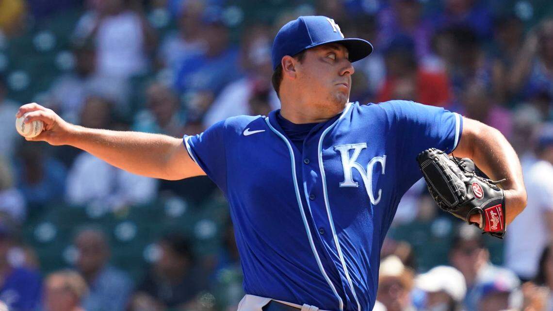 Kansas City Royals starting pitcher Brad Keller throws against the Chicago Cubs in the first inning on Friday, Aug. 20, 2021, at Wrigley Field in Chicago.