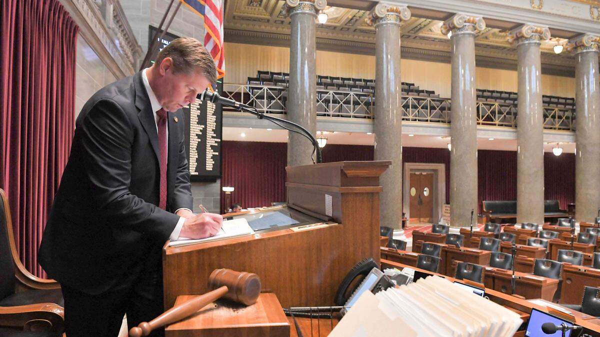 Missouri House Speaker Dean Plocher, a St. Louis-area Republican, on May 30, 2024 signs legislation passed during the 2024 legislative session.