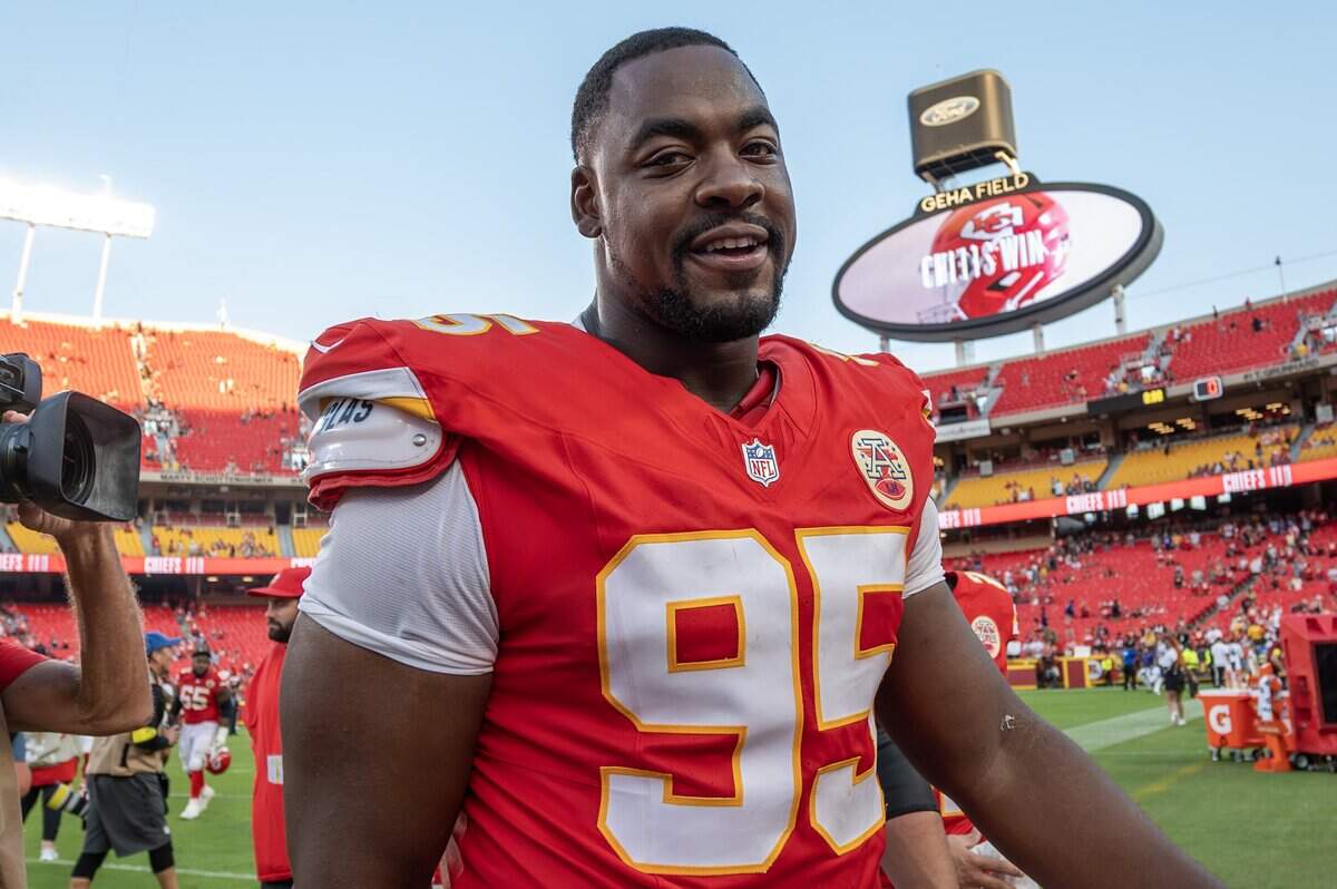 Kansas City Chiefs defensive tackle Chris Jones (95) walks off the field after a 37-20 win over the Baltimore Ravens in an NFL game on Sunday, Sept. 28, 2025, at GEHA Field at Arrowhead Stadium.