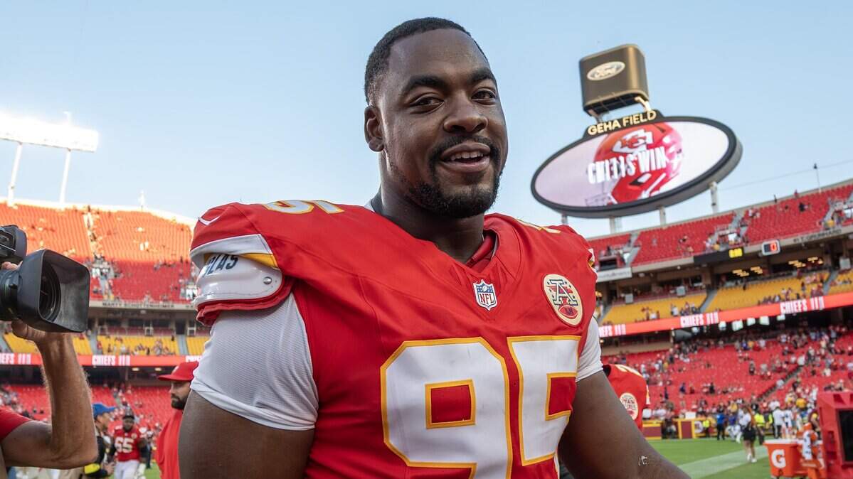 Kansas City Chiefs defensive tackle Chris Jones (95) walks off the field after a 37-20 win over the Baltimore Ravens in an NFL game on Sunday, Sept. 28, 2025, at GEHA Field at Arrowhead Stadium.