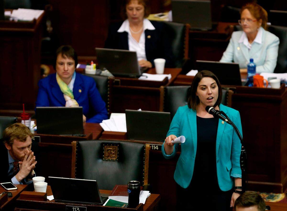 In this file photo, Rep. Crystal Quade, D-Springfield, speaks during a legislative session in the Missouri House in Jefferson City.