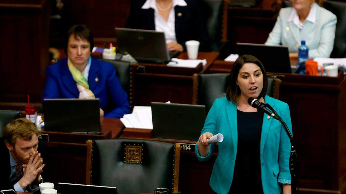 In this file photo, Rep. Crystal Quade, D-Springfield, speaks during a legislative session in the Missouri House in Jefferson City.