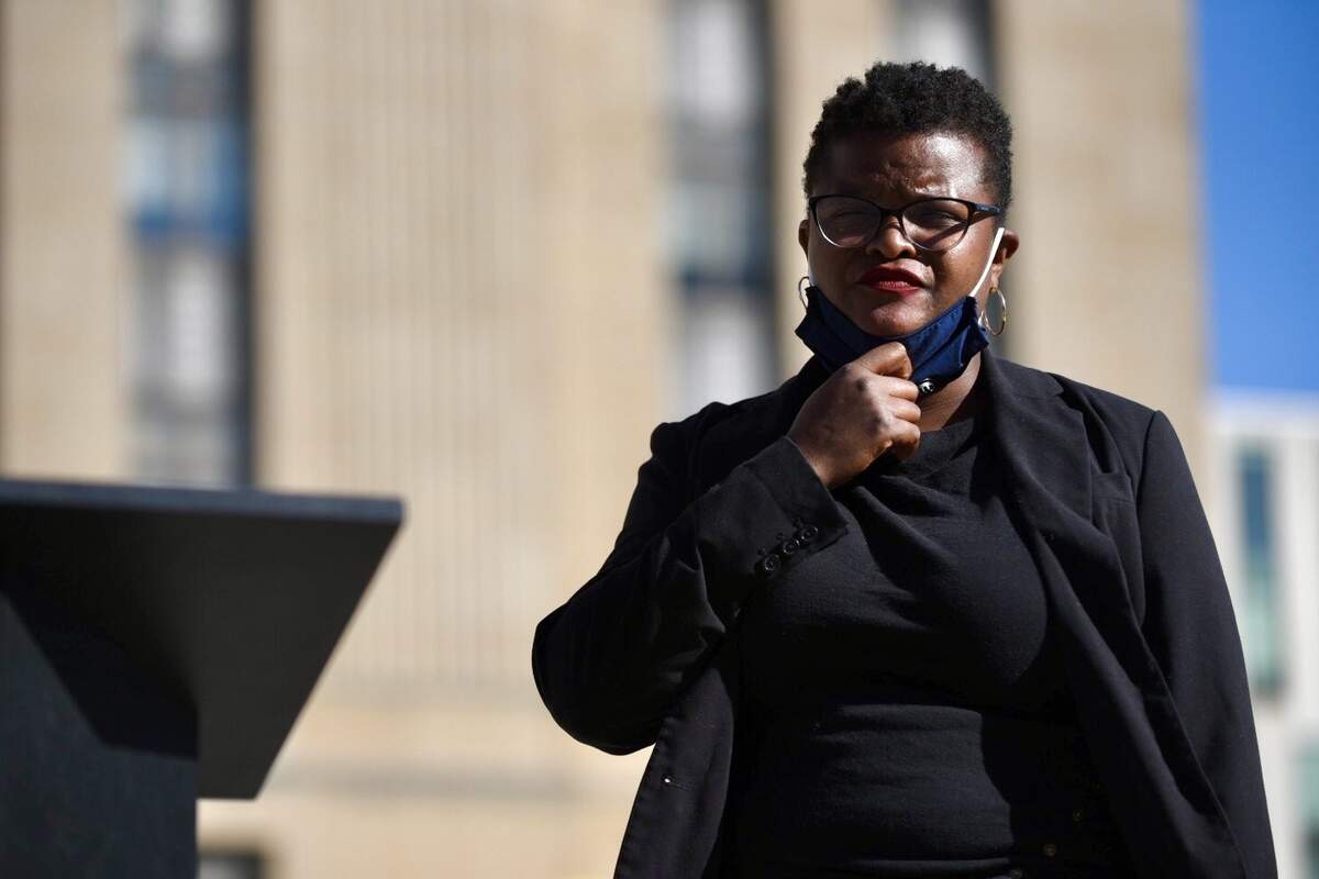 Attorney Stacy Shaw stands outside Kansas City City Hall on Tuesday, Oct. 13, 2020.