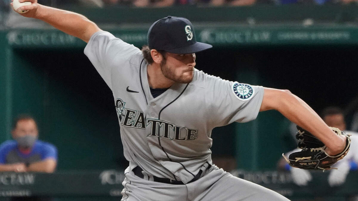 Seattle Mariners relief pitcher Wyatt Mills is pictured on the mound against the Texas Rangers during a baseball game Saturday, May 8, 2021, in Arlington, Texas. (AP Photo/Louis DeLuca)