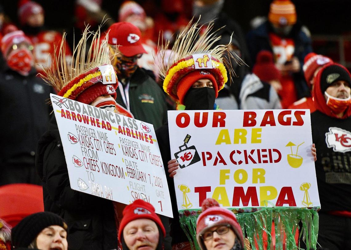 Kansas City Chiefs fans express their plans to follow their team to the Super Bowl Sunday, January 24, 2021, before the AFC Championship Game at Arrowhead Stadium in Kansas City, Missouri.