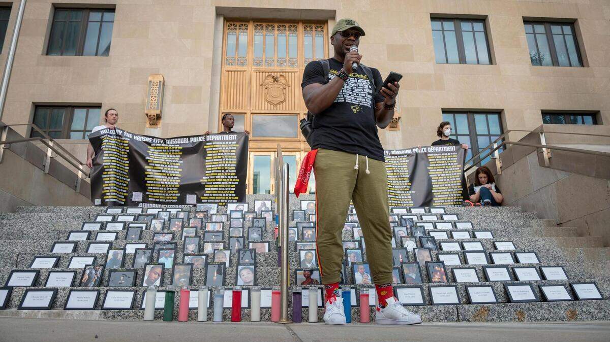 Activist Steve Young speaks on June 10, 2022, at a protest bringing awareness to officer involved shootings and killings at the Kansas City Police Department Headquarters in Kansas City. This marks the two-year anniversary of the creation of Friday night protest, a weekly demonstration that began in the wake of George Floyd’s death in police custody in Minneapolis.