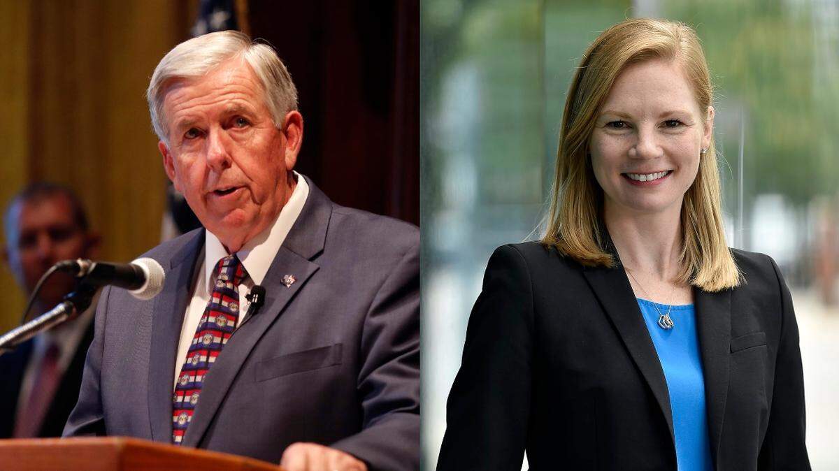 Missouri Gov. Mike Parson (left) and State Auditor Nicole Galloway