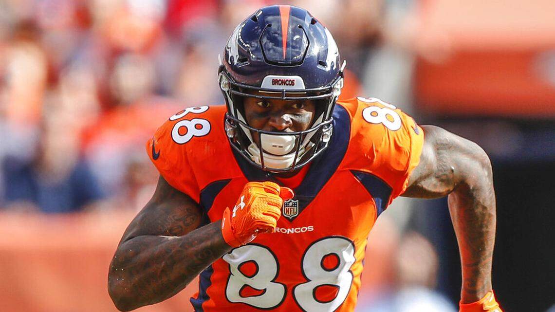 In this Sept. 16, 2018, file photo, Denver Broncos wide receiver Demaryius Thomas runs against the Oakland Raiders during the second half of an NFL football game in Denver.