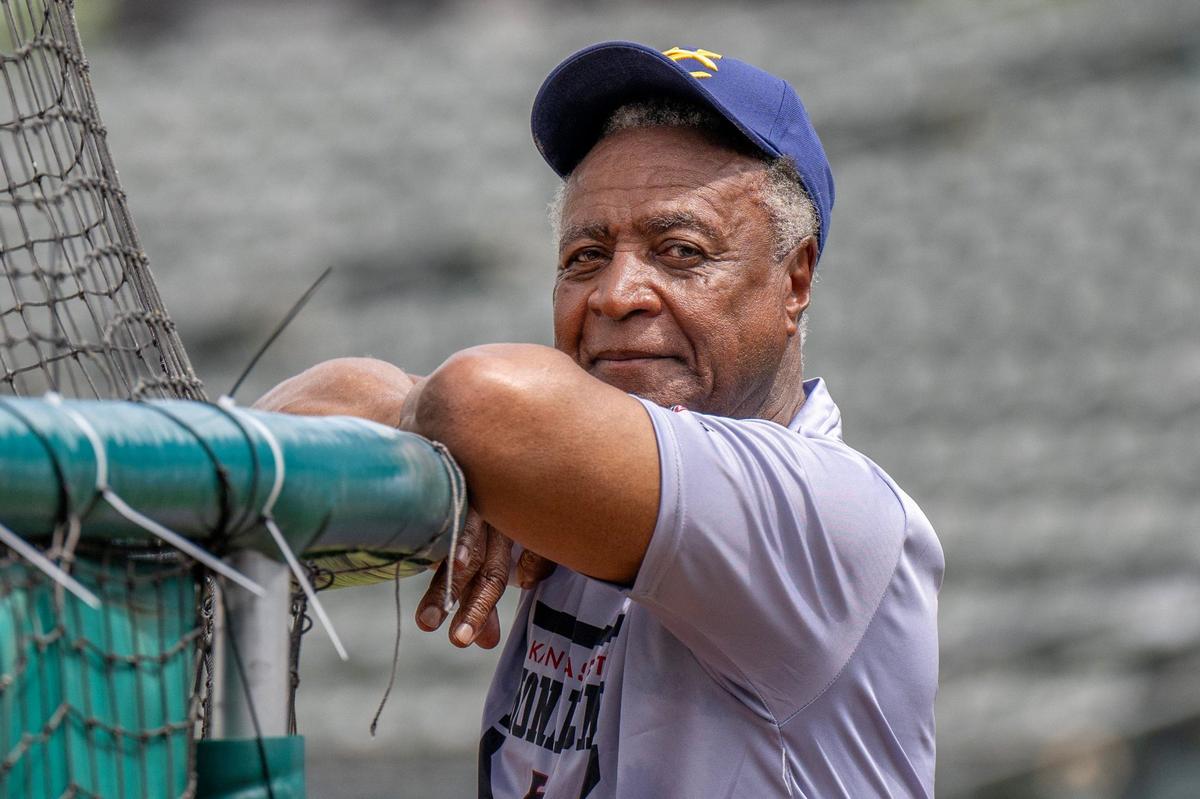 Kansas City Monarchs first base coach and Jackson County Executive Frank White observes players during batting practice at Legends Field on Wednesday, May 8, 2024, in Kansas City, Kansas.