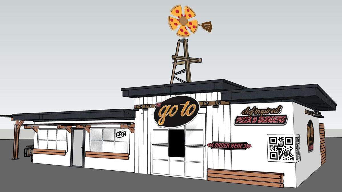 A rendering shows Brett DeHart’s vision for a pizza and burgers restaurant in Louisburg.