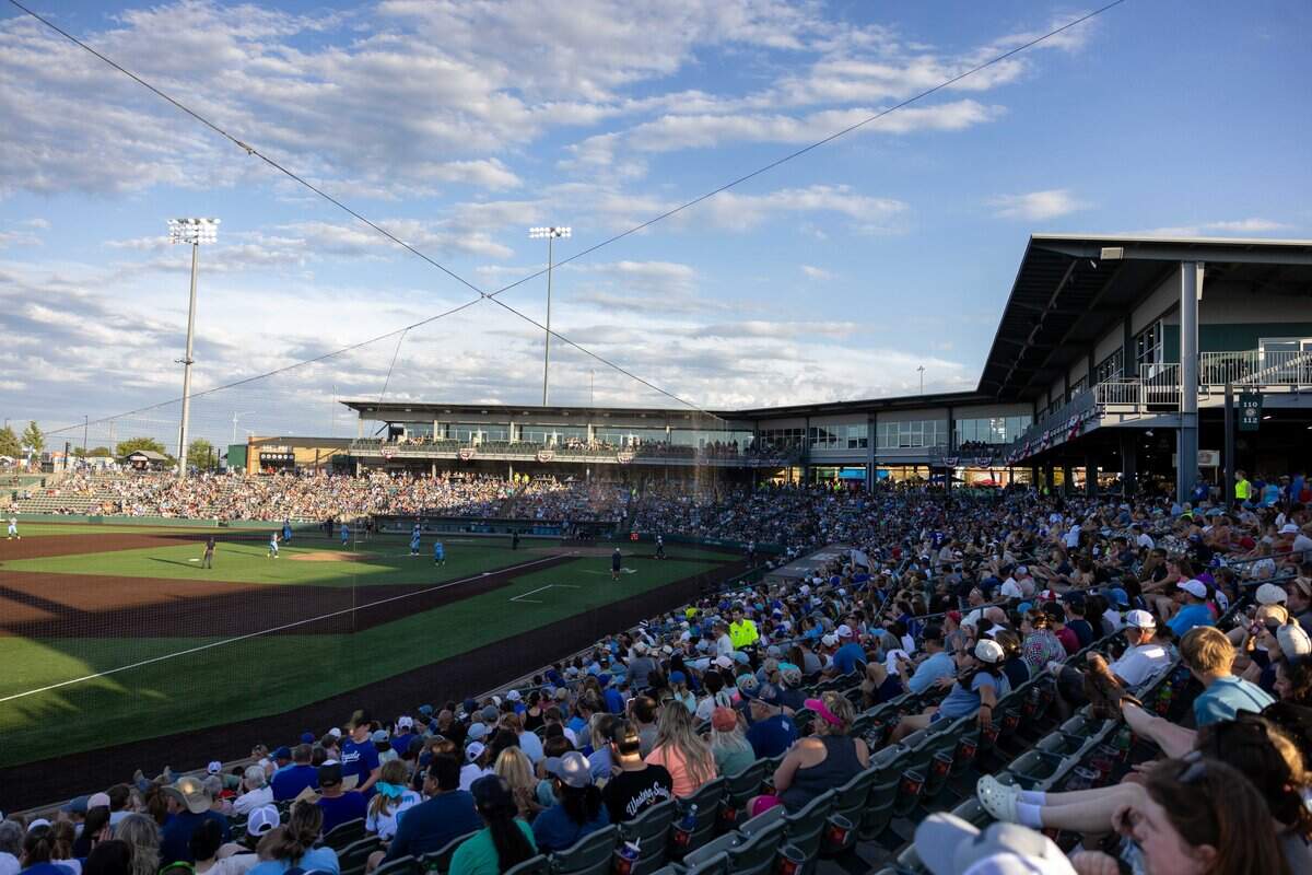 Fans pack the stands during the KC Diamonds home opener at Legends Field on Wednesday, June 17, 2026. The KC Diamonds won 5-3 over the Florida Vibes.