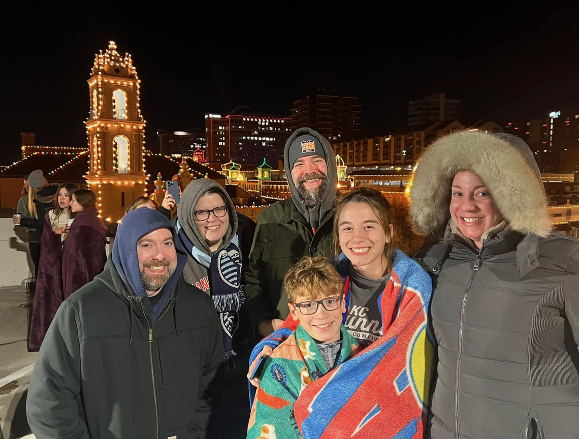 Jennifer West’s family at a Plaza lights test run: left to right, Grant Leeka, Casey Schmidt, Scott Battagler, Zac West, Camryn West and Jennifer.