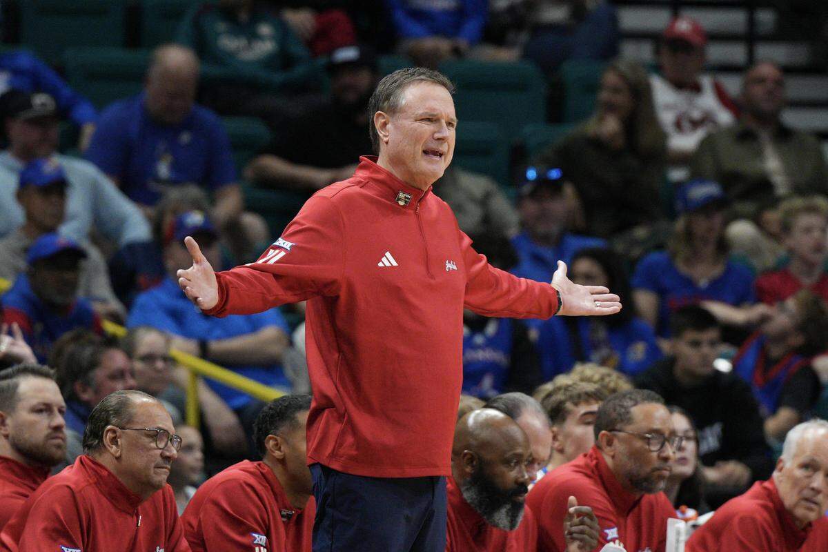 Head coach Bill Self of the Kansas Jayhawks reacts to a play against the Notre Dame Fighting Irish in the first half of a game during the Players Era Championship basketball tournament at Grand Garden Arena on November 24, 2025 in Las Vegas.