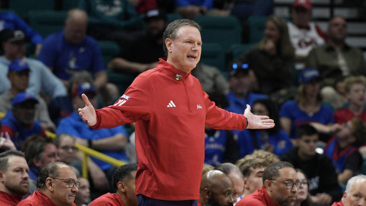 Head coach Bill Self of the Kansas Jayhawks reacts to a play against the Notre Dame Fighting Irish in the first half of a game during the Players Era Championship basketball tournament at Grand Garden Arena on November 24, 2025 in Las Vegas.