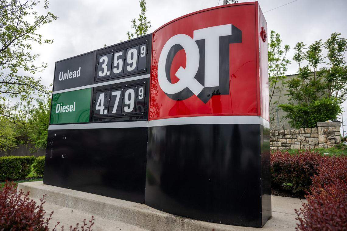 The QuikTrip gas station at 6835 Truman Rd., displays the price of regular gasoline and diesel fuel on Thursday, April 23, 2026, in Kansas City.