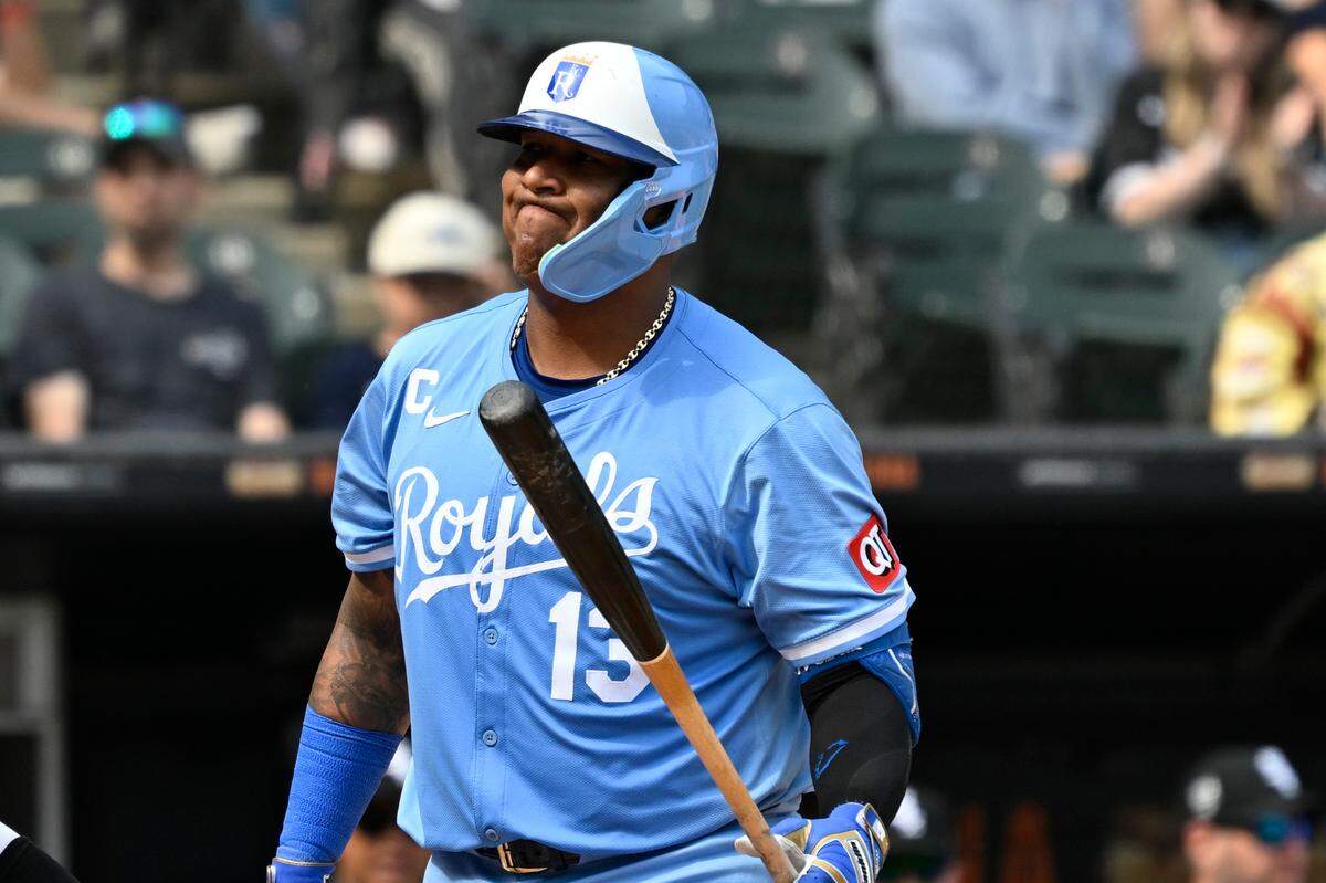 Kansas City Royals catcher Salvador Perez (13) grimaces after striking out swinging against the Chicago White Sox  during the fourth inning at Rate Field on June 7, 2025.
