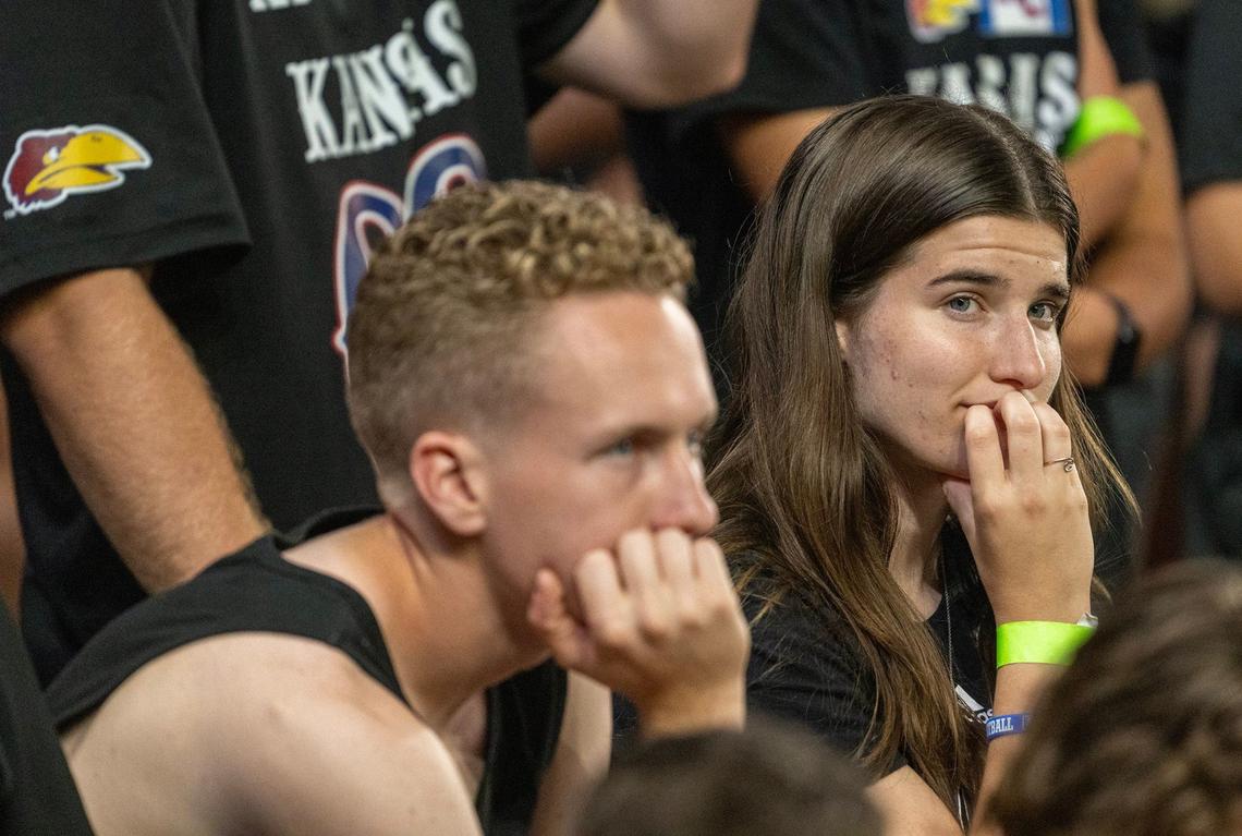Kansas Jayhawks fans looked upset as the UNLV Rebels took the lead late in the second half on Friday, Sept. 13, 2024, at Children’s Mercy Park in Kansas City, Kansas. UNLV defeated KU 23-20.