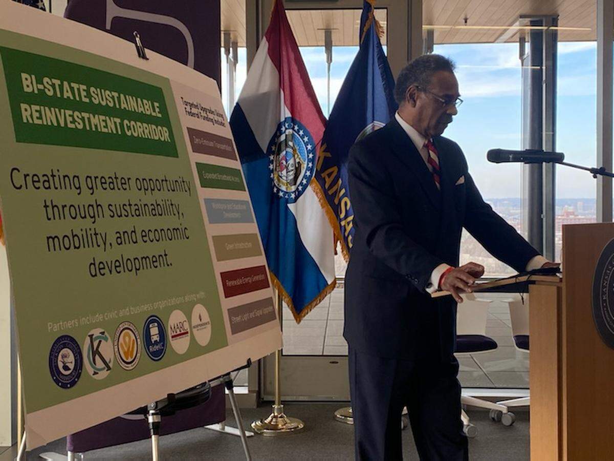 Rep. Emanuel Cleaver speaks Monday at a news conference announcing projects in the Kansas City metro area funded by the $1.2 trillion infrastructure bill that Congress passed and President Biden signed into law last year.