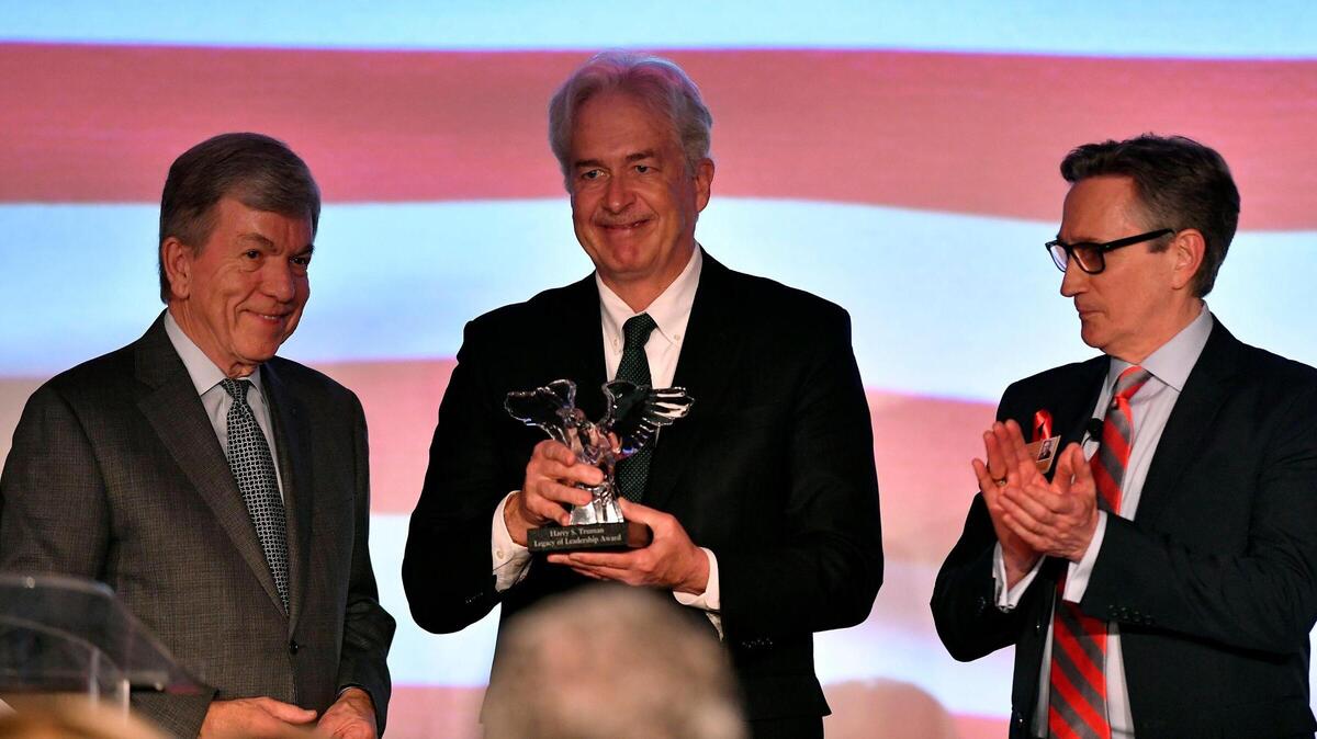 William Burns, middle, Director of the Central Intelligence Agency, was presented the Harry S. Truman Legacy Award Thursday night, during a ceremony at the Kansas City Marriott Downtown, Muehlebach Tower. On stage with Burns is Missouri Senator, Roy Blunt, left, and Clifton Truman Daniel, the grandson of former President Harry S. Truman.