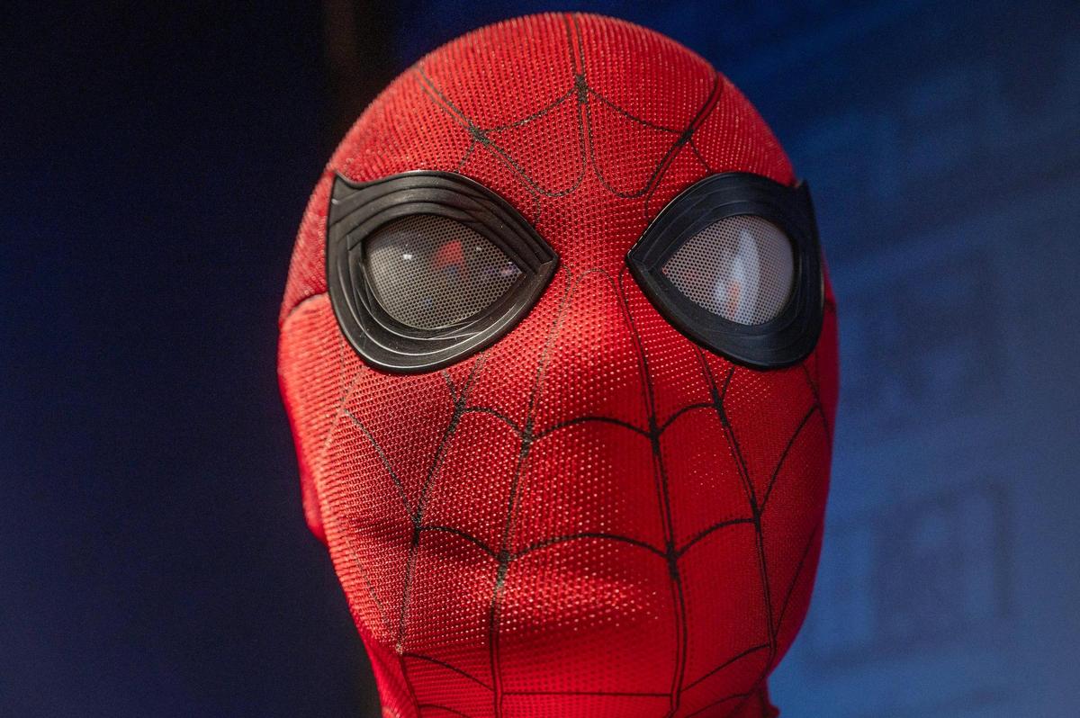 A Spider-Man costume warn by the actor, Tom Holland, is seen on display during the “Spider-Man: Beyond Amazing” exhibit set up Monday at Union Station.