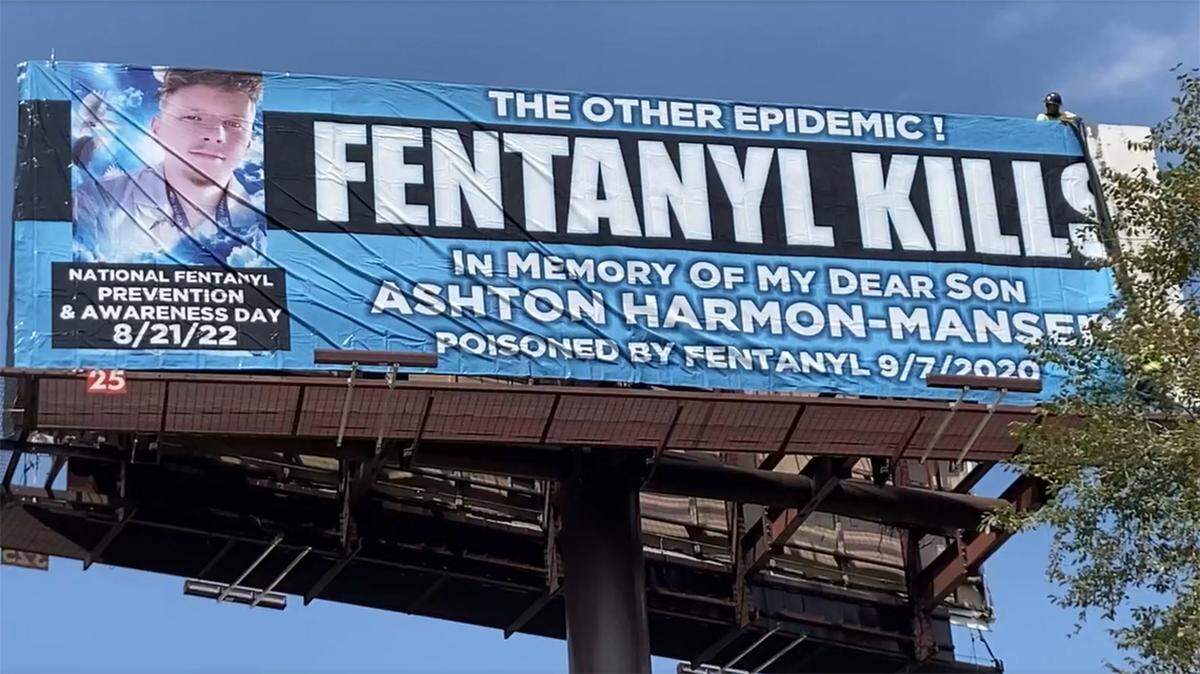 Sara Manser paid for a billboard along Interstate 70 in Kansas City in memory of her son Ashton, who died of fentanyl intoxication in 2020 from a pill he thought was oxycodone.