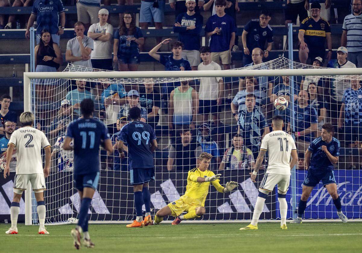 Sporting Kansas City goalkeeper Stefan Cleveland (30) blocked a kick from the LA Galaxy in the second half at Sporting Park on Wednesday, May 13, 2026, 2026, in Kansas City, Kansas. Sporting KC defeated the LA Galaxy, 3-1.