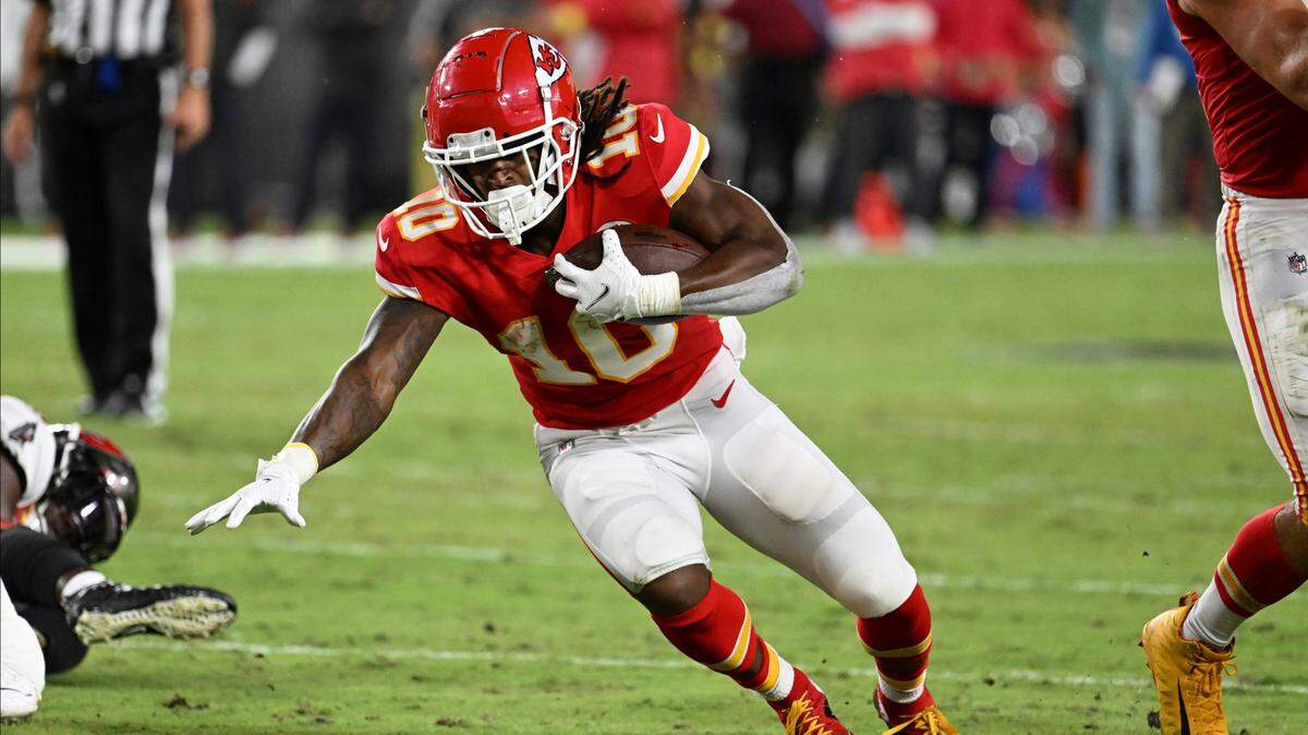 Kansas City Chiefs running back Isiah Pacheco (10) carries the ball during the first half of an NFL football game against the Tampa Bay Buccaneers Sunday, Oct. 2, 2022, in Tampa, Fla.