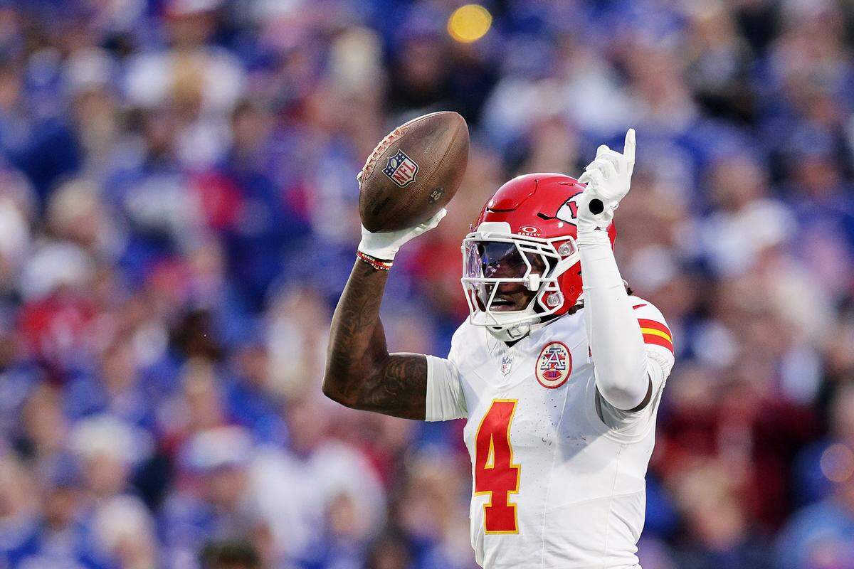 Kansas City Chiefs receiver Rashee Rice celebrates after scoring a touchdown against the Buffalo Bills during an NFL Week 9 game at Highmark Stadium in Orchard Park, New York, on Sunday, Nov. 2, 2025.