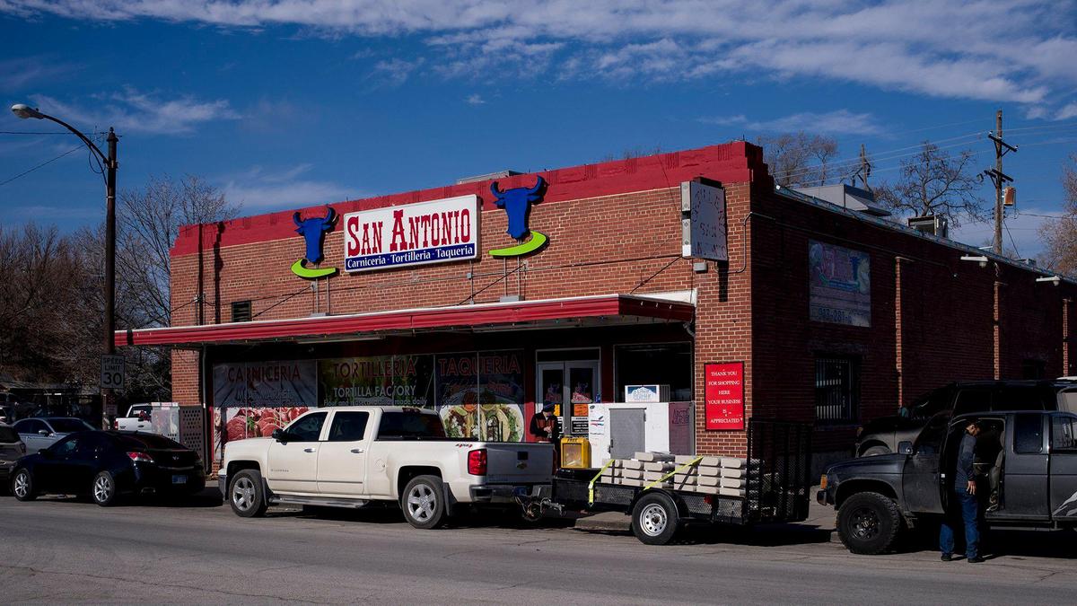 Exterior of Carniceria y Tortilleria San Antonio, in the Armourdale neighborhood of Kansas City, Kansas.
