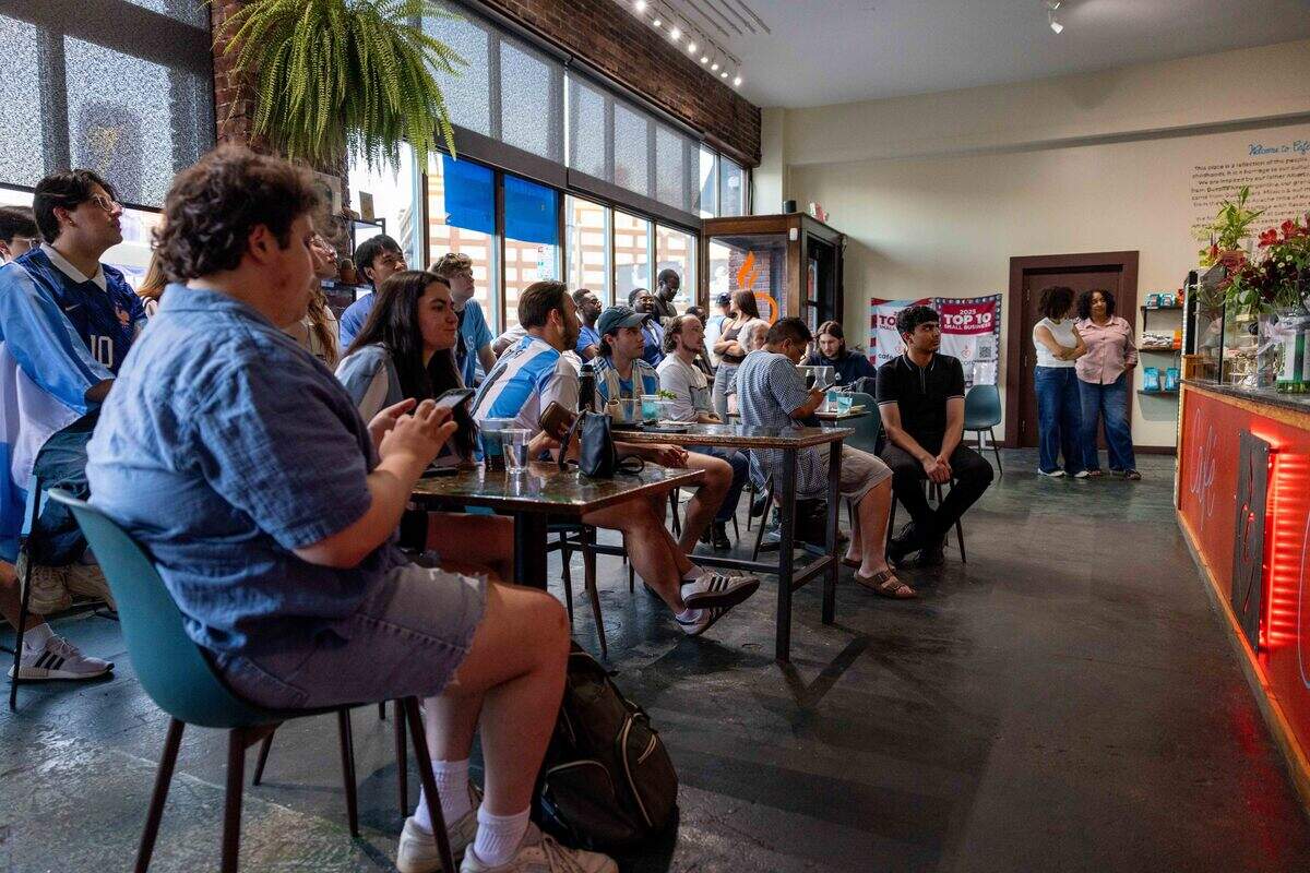 Fans at Café Corazón on Southwest Boulevard watch the World Cup game between Algeria and Argentina, which was held in Kansas City, on Tuesday, June 16, 2026.