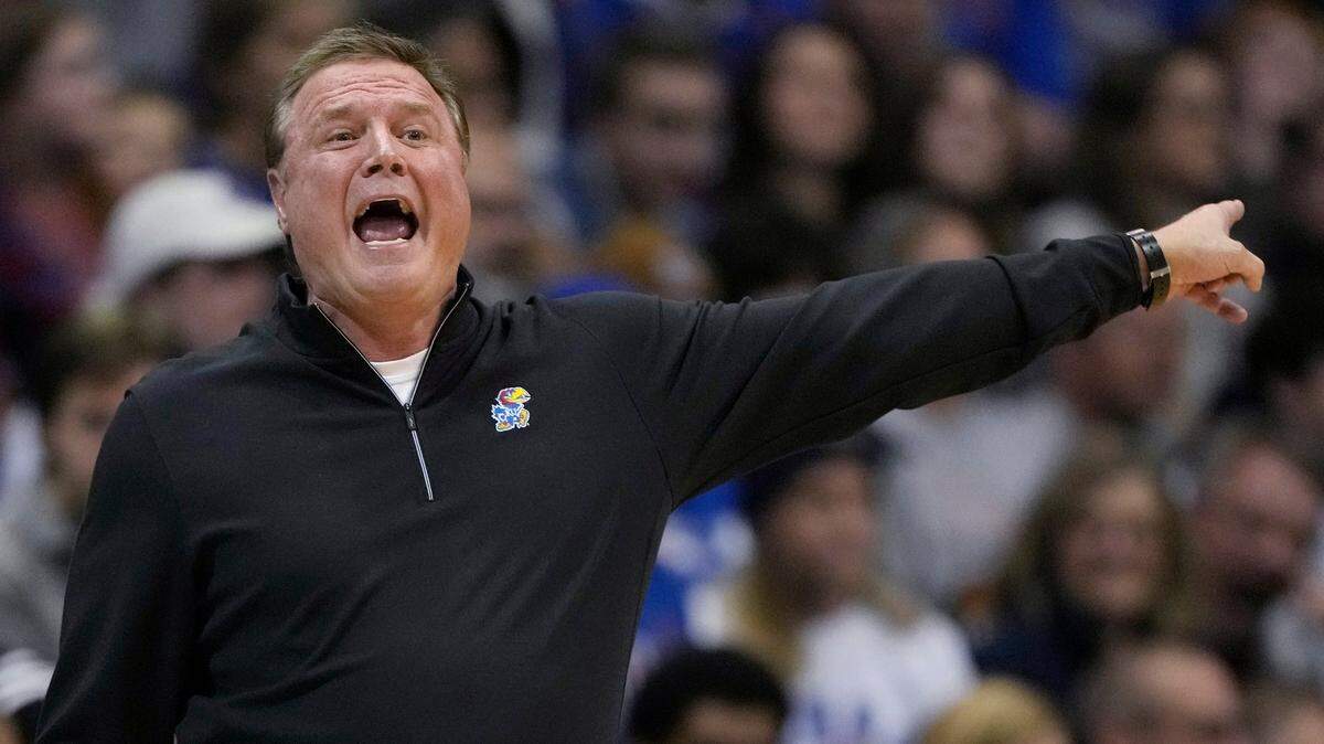 Kansas coach Bill Self yells to his team during the first half against Harvard on Thursday, Dec. 22, 2022, in Lawrence, Kan.