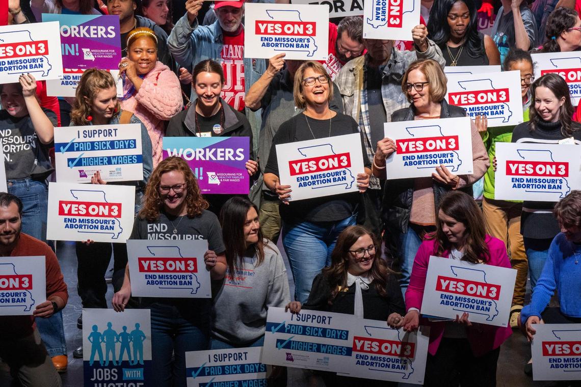 Supporters and organizers of Amendment 3 and Proposition A celebrate the results of the election at a watch party at Uptown Theater in Kansas City on Election Day, Tuesday, Nov. 5, 2024.