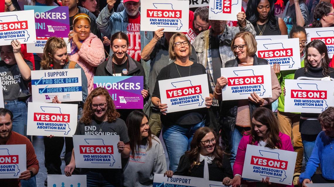 Supporters and organizers of Amendment 3 and Proposition A celebrate the results of the election at a watch party at Uptown Theater in Kansas City on Election Day, Tuesday, Nov. 5, 2024.